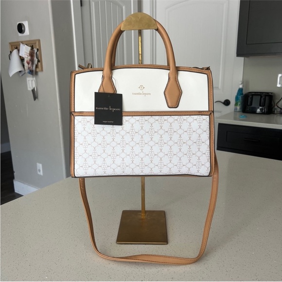 Nanette Lepore Handbags - Nanette Lepore $98 White and Tan Crossbody Bag with Monogram Design